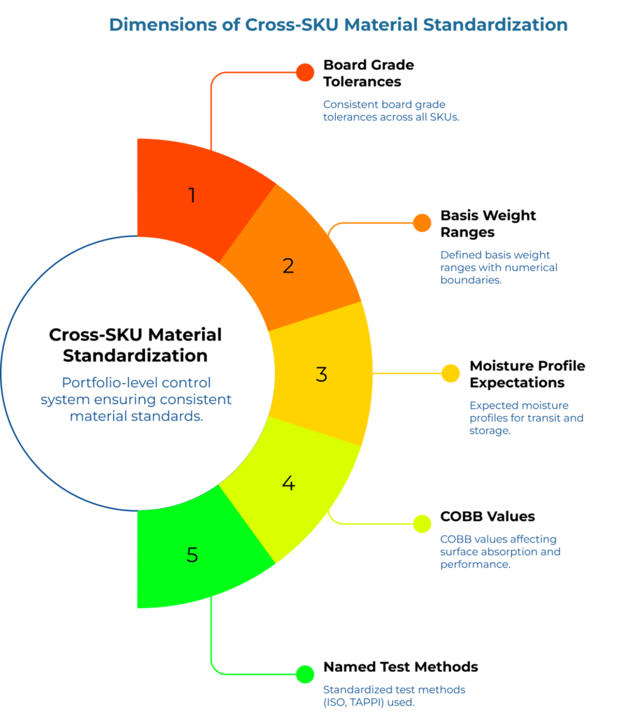 “Dimensions of Cross-SKU Material Standardization” showing a five-part semicircular wheel around a central circle. Segments outline controls: board grade tolerances, basis weight ranges, moisture profile expectations, COBB values, and named test methods.