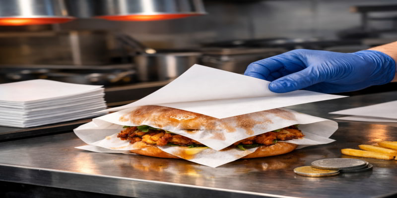 Gloved hand adds a second wrapper over a grease-soaked fried chicken sandwich on a commercial kitchen counter.