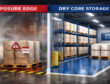 Stylized warehouse scene showing a dry core storage zone separated from a humid exposure edge for paper pallets.