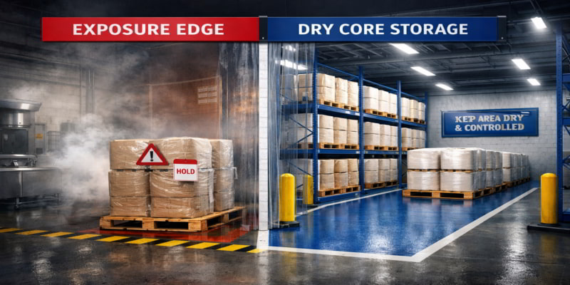 Stylized warehouse scene showing a dry core storage zone separated from a humid exposure edge for paper pallets.
