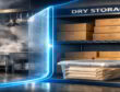 Dry storage shelf shields food packaging paper from humid kitchen steam, with sealed cartons and a lidded staging bin in a protected zone.