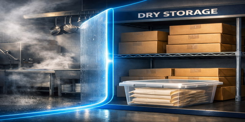 Dry storage shelf shields food packaging paper from humid kitchen steam, with sealed cartons and a lidded staging bin in a protected zone.