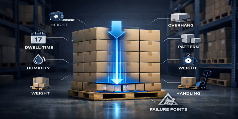 Illustration of stacked folding cartons on a pallet showing measured load paths and 3PL stacking audit factors.