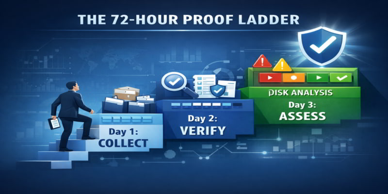 Illustration of a three-step folding carton compliance audit ladder: collect, verify, and assess risk over 72 hours.