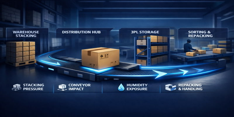 Illustration of a folding carton moving through warehouse, 3PL storage, and repacking with highlighted stress points.