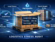 Infographic showing a folding carton logistics stress audit, with a pallet of cartons in a warehouse linked to compression, humidity, stack height, 3PL transfer, and rough-handling checkpoints.