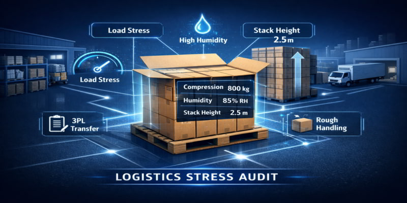Infographic showing a folding carton logistics stress audit, with a pallet of cartons in a warehouse linked to compression, humidity, stack height, 3PL transfer, and rough-handling checkpoints.