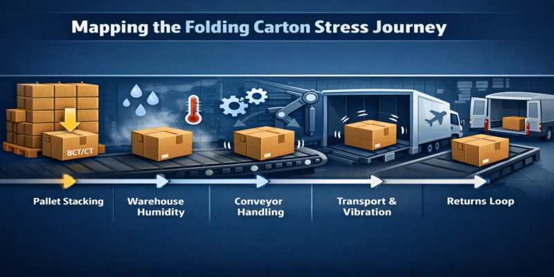 Stylized logistics corridor showing a folding carton moving through stacking, humidity, handling, transport, and returns.