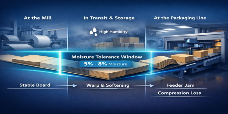 Illustration of folding carton board moving from mill to transit and packaging line, showing moisture drift causing warp and jams.
