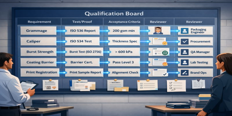 Illustrated qualification board linking folding carton requirements, test proof, acceptance criteria, and reviewers.
