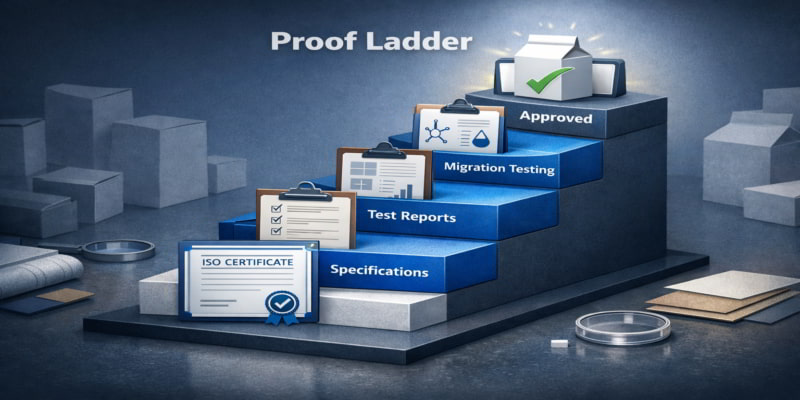 Illustrated proof ladder showing ISO certification below specs, test reports, migration testing, and carton approval.