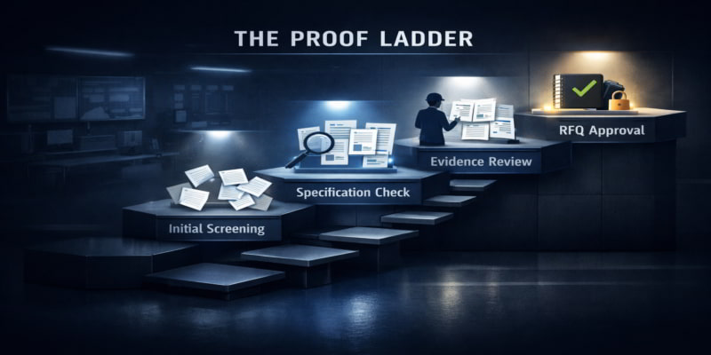 Illustration of a four-stage Proof Ladder guiding folding carton supplier verification from screening to RFQ approval.