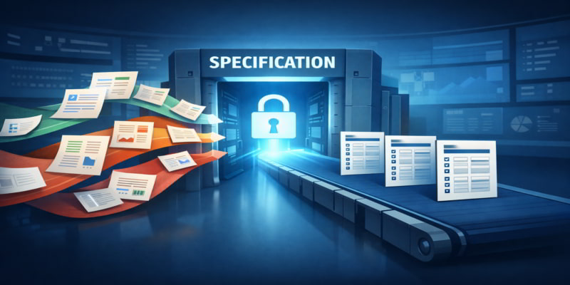 Illustration of supplier quotes passing through a specification gateway to become standardized folding carton comparisons.