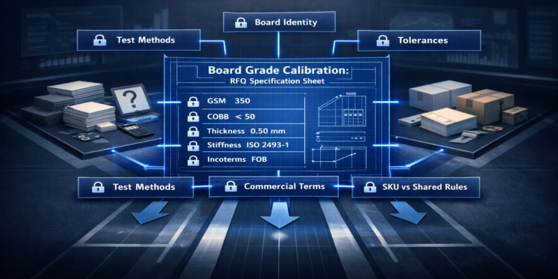 Illustration of a calibrated folding carton RFQ blueprint aligning board specs, tolerances, and supplier quote terms.