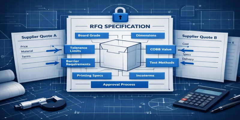 Blueprint-style RFQ for folding cartons aligning supplier quotes through clear specs, tolerances, and test methods.
