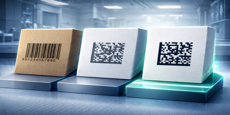 Three folding carton surfaces shown side by side: a linear barcode on rough board, a blurred 2D DataMatrix on poor substrate, and a sharp 2D DataMatrix on normalized board, illustrating how substrate quality affects pharma serialization readability.