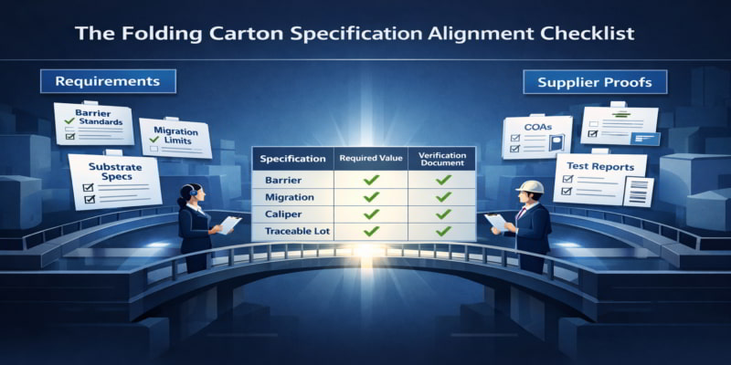 Stylized bridge linking folding carton requirements to supplier proof through a central compliance checklist.