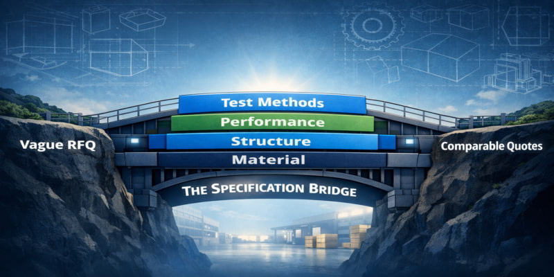 Illustration of a four-layer specification bridge linking vague folding carton RFQs to comparable supplier quotes.