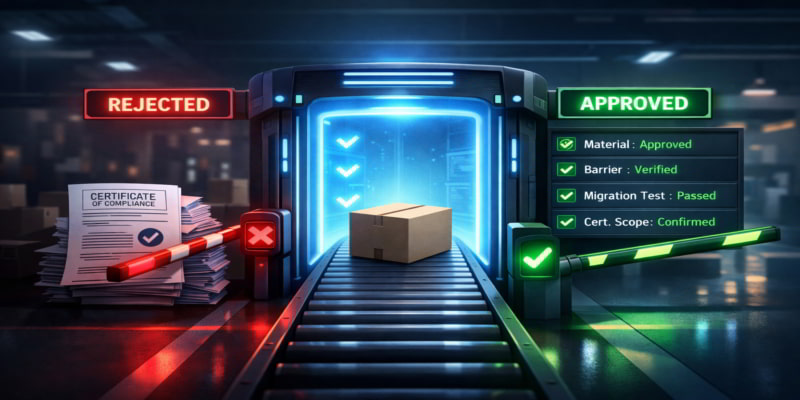Folding carton passing a compliance checkpoint where verified specs override generic certificates before supplier approval.