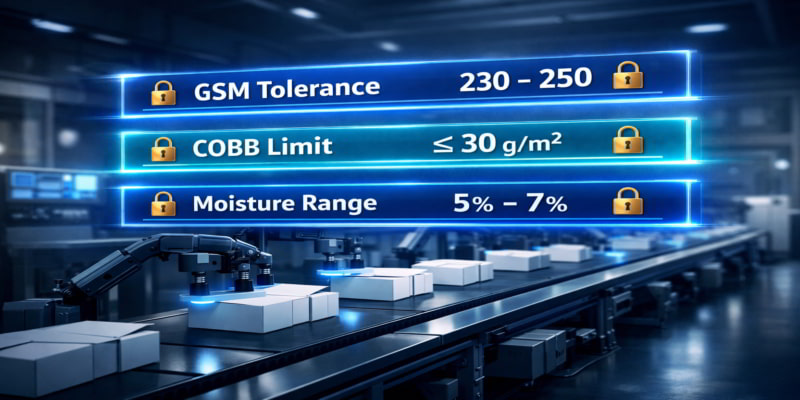 Illustration of an automated folding carton packaging line with locked specification overlays showing GSM tolerance, COBB limit, and moisture range above cartons moving on a conveyor, representing specification-controlled quality assurance.