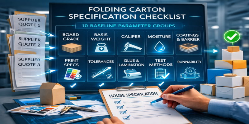 Illustration of a folding carton specification board organizing supplier quote inputs into a controlled packaging checklist.