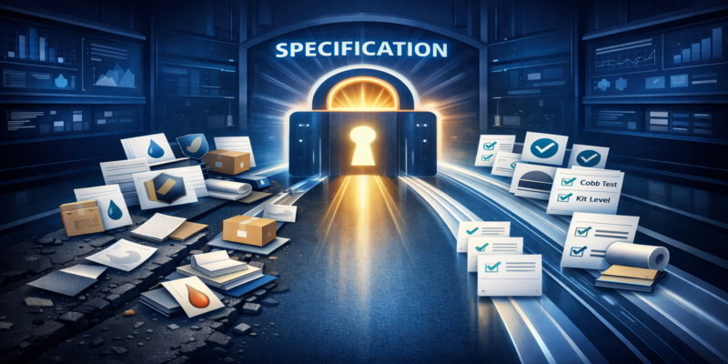 Stylized gateway turns chaotic folding carton quote inputs into standardized specification documents for fair comparison.
