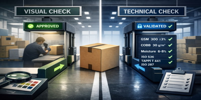 Illustration of a folding carton passing separate visual and technical approval gates with GSM, Cobb, and moisture checks.