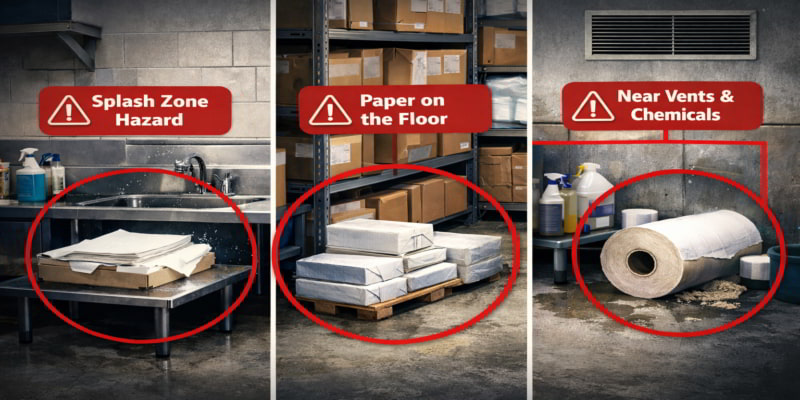Three food packaging paper storage hazards: splash exposure near sink, stock on floor, and open roll beside vents and chemicals.