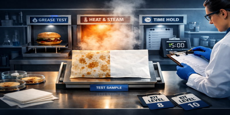 Stylized lab scene showing food wrapper stress testing under grease, heat, steam, and hold-time conditions.