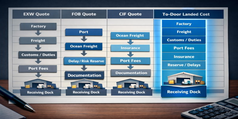 Stylized worksheet aligning EXW, FOB, and CIF folding carton quotes into one to-door landed cost.