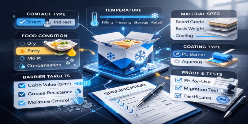 Illustration of a frozen food folding carton surrounded by barrier specifications, material requirements, and verification checkpoints.