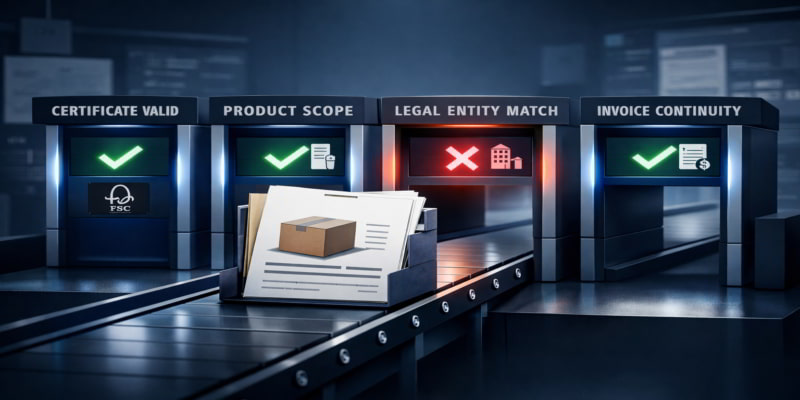 Folding carton order passing verification gates for certificate, scope, legal entity, and invoice continuity.