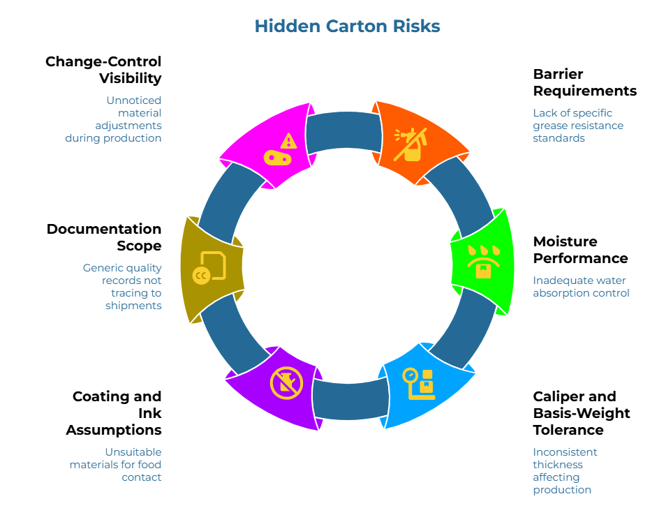 “Hidden Carton Risks” shown as a circular loop with six warning points: unnoticed material adjustments in production, lack of specific grease-resistance standards, inadequate water absorption control, inconsistent thickness affecting production, unsuitable materials for food contact, and generic quality records not linked to shipments.