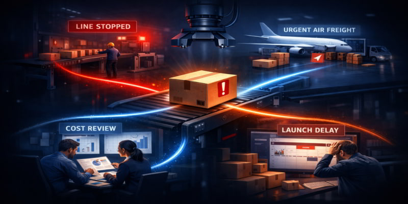 Stylized folding carton on a packaging line triggering downtime, urgent freight, cost review, and launch delay.