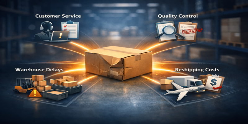 Damaged folding carton in a warehouse radiating costs to customer service, quality control, warehouse delays, and reshipping.