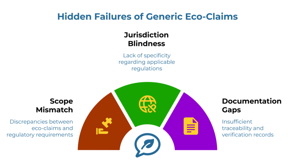 “Hidden Failures of Generic Eco-Claims.” A three-part semicircle with a leaf icon highlights risks behind broad sustainability claims: scope mismatch between claims and rules, jurisdiction blindness about applicable laws, and documentation gaps from weak traceability and verification.