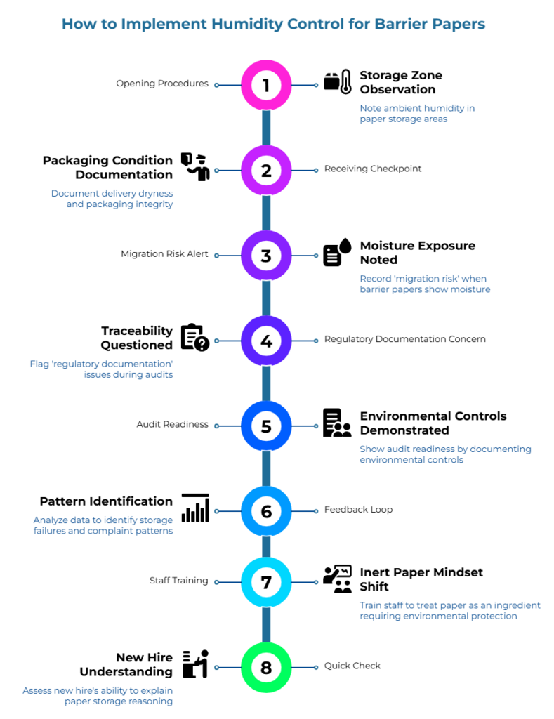 “How to Implement Humidity Control for Barrier Papers,” showing a vertical sequence of steps: note ambient humidity, document delivery dryness, record moisture-related migration risk, flag regulatory issues, analyze failures, train staff, and assess new hires.