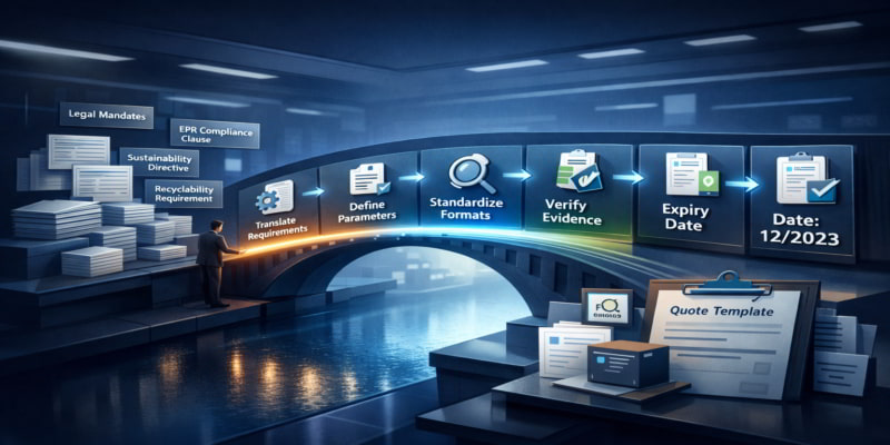 Bridge illustration showing legal mandates transformed into supplier-ready carton specification fields and evidence checks.