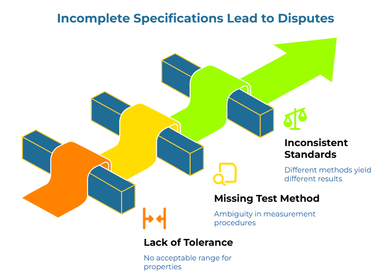“Incomplete Specifications Lead to Disputes” showing a rising, winding arrow crossing support beams. Callouts highlight problems caused by vague specs: no acceptable property ranges, ambiguous measurement procedures, and different test methods producing different results.