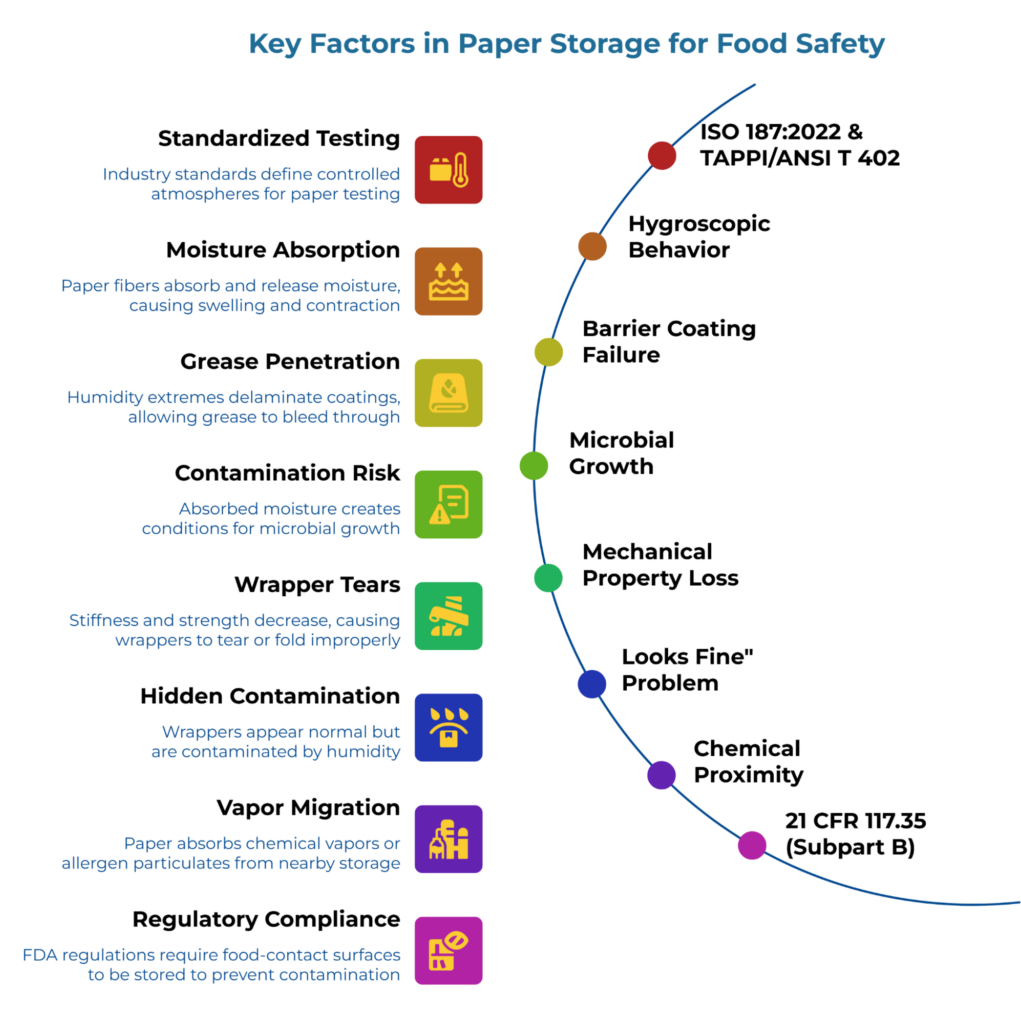 “Key Factors in Paper Storage for Food Safety.” Left column lists risks such as moisture absorption, grease penetration and vapor migration. Right curve links these to hygroscopic behavior, barrier coating failure, microbial growth and chemical proximity.