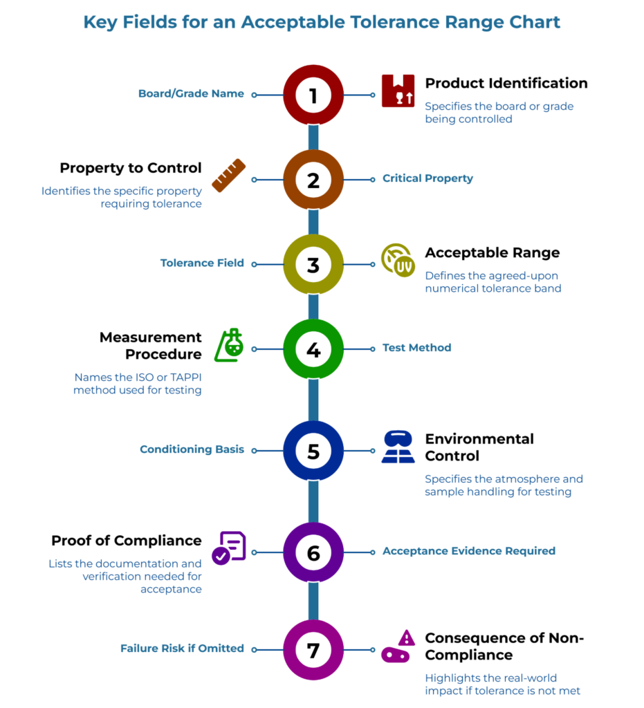 “Key Fields for an Acceptable Tolerance Range Chart” showing a vertical 1–7 path: Board/Grade Name, Property to Control, Tolerance Field, Measurement Procedure, Conditioning Basis, Proof of Compliance, and Failure Risk if Omitted, each paired with brief definitions.