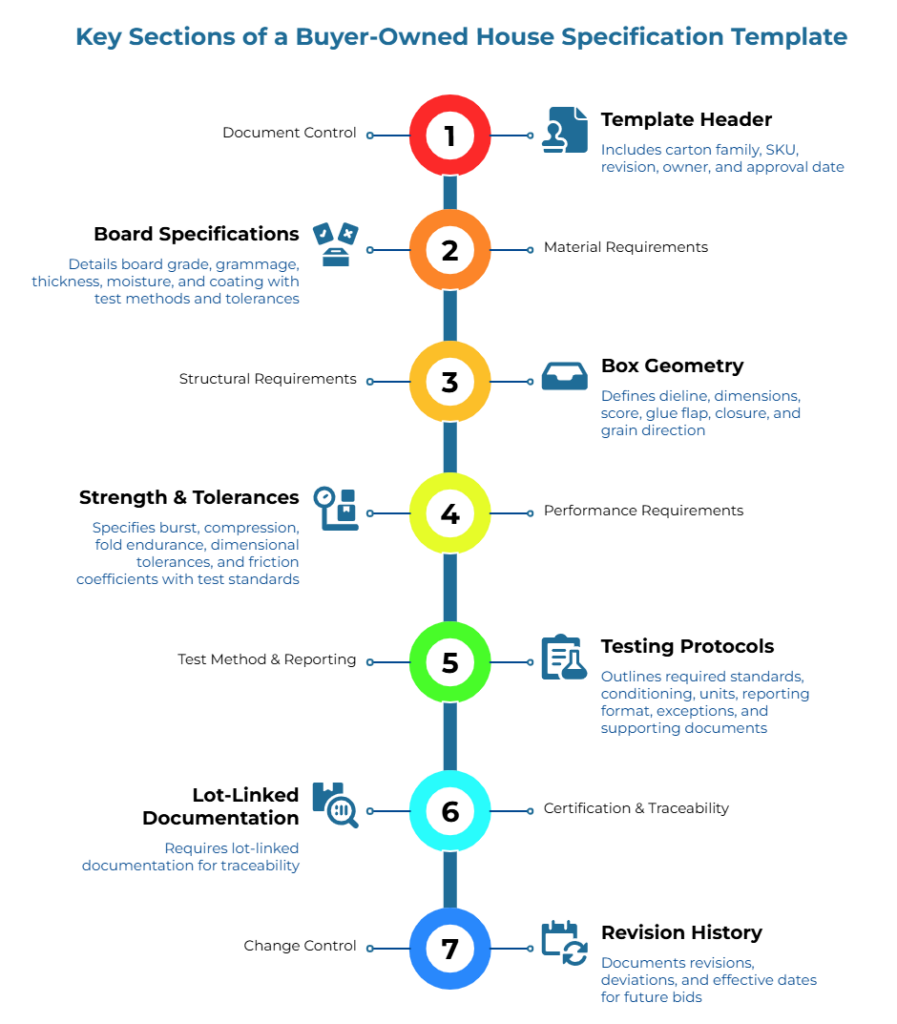 “Key Sections of a Buyer-Owned House Specification Template.” A vertical line of colored circles summarizes carton header data, board and material properties, carton design details, performance tests, standards and documentation, traceability records, and revision history.