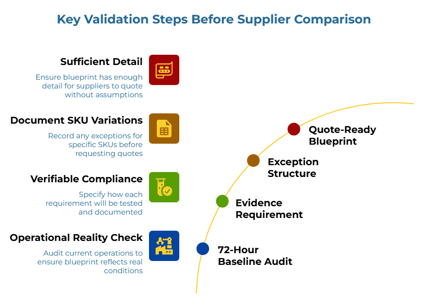 “Key Validation Steps Before Supplier Comparison” showing a curved five-step sequence: ensure the blueprint is detailed enough for quoting, record SKU-specific exceptions, specify how each requirement will be tested and documented, audit current operations against real conditions, and finalize validation before comparing suppliers.