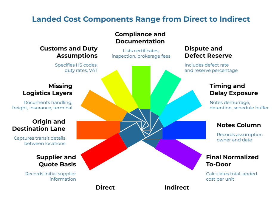 “Landed Cost Components Range from Direct to Indirect” showing a radial wheel of multicolored cost segments around a central hub. Labels cover supplier information, transit, freight, insurance, terminal handling, HS codes, duties, VAT, certificates, inspection, brokerage, defect reserves, demurrage, detention, assumptions, and total landed cost per unit.
