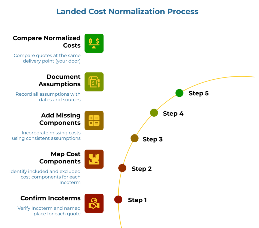 “Landed Cost Normalization Process” showing a five-step curved workflow from confirming Incoterms and mapping cost components to adding missing components, documenting assumptions, and comparing normalized costs, so supplier quotes can be evaluated at the same delivery point using consistent assumptions.
