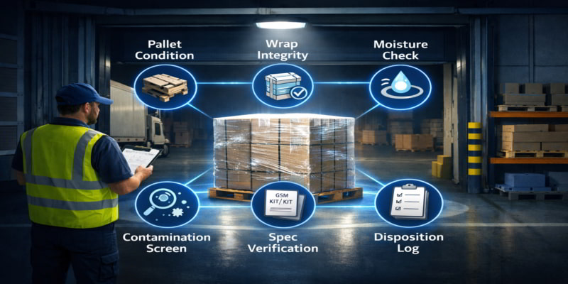 Loading dock inspection of a food packaging paper pallet with six integrity checks before acceptance into storage.