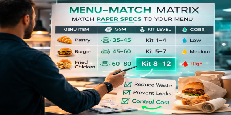 Stylized matrix mapping menu items to Kit levels and GSM, with an anonymous manager pointing to the recommended wrapper.