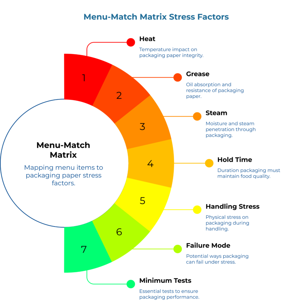“Menu-Match Matrix Stress Factors” with a rainbow arc of seven numbered segments around a central circle labeled “Menu-Match Matrix,” listing key stresses on food packaging paper: heat, grease, steam, hold time, handling stress, failure mode, and minimum tests.
