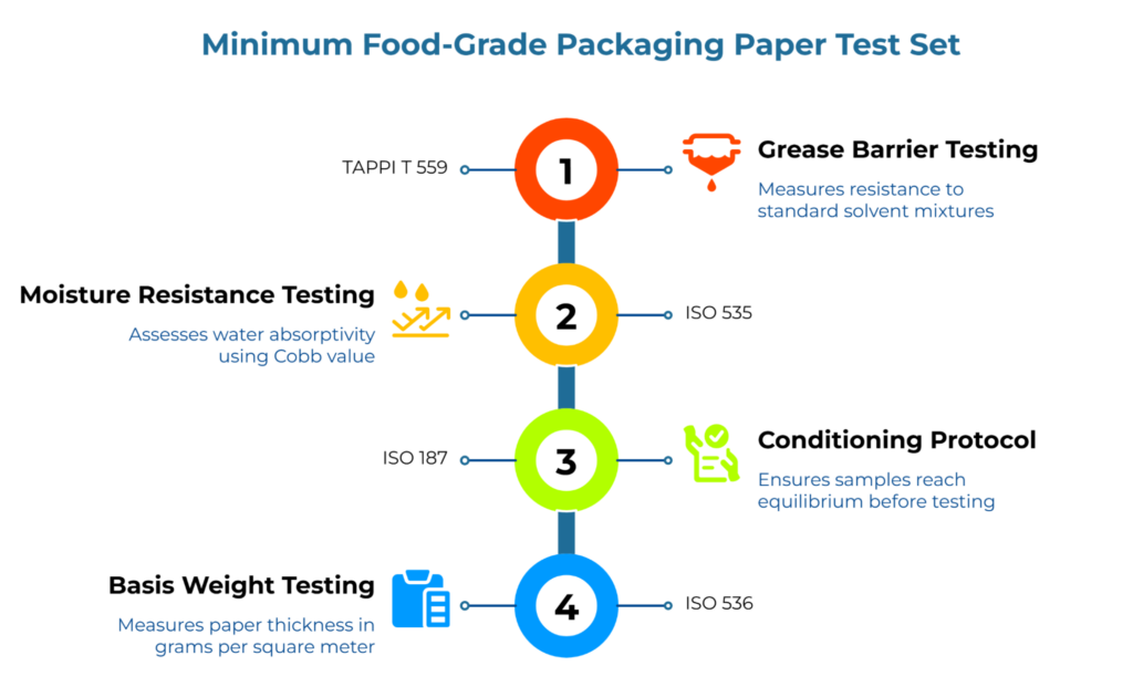 “Minimum Food-Grade Packaging Paper Test Set,” showing a vertical four-step timeline: TAPPI T 559 grease barrier testing, ISO 535 moisture resistance (Cobb), ISO 187 conditioning protocol, and ISO 536 basis weight testing for packaging paper.