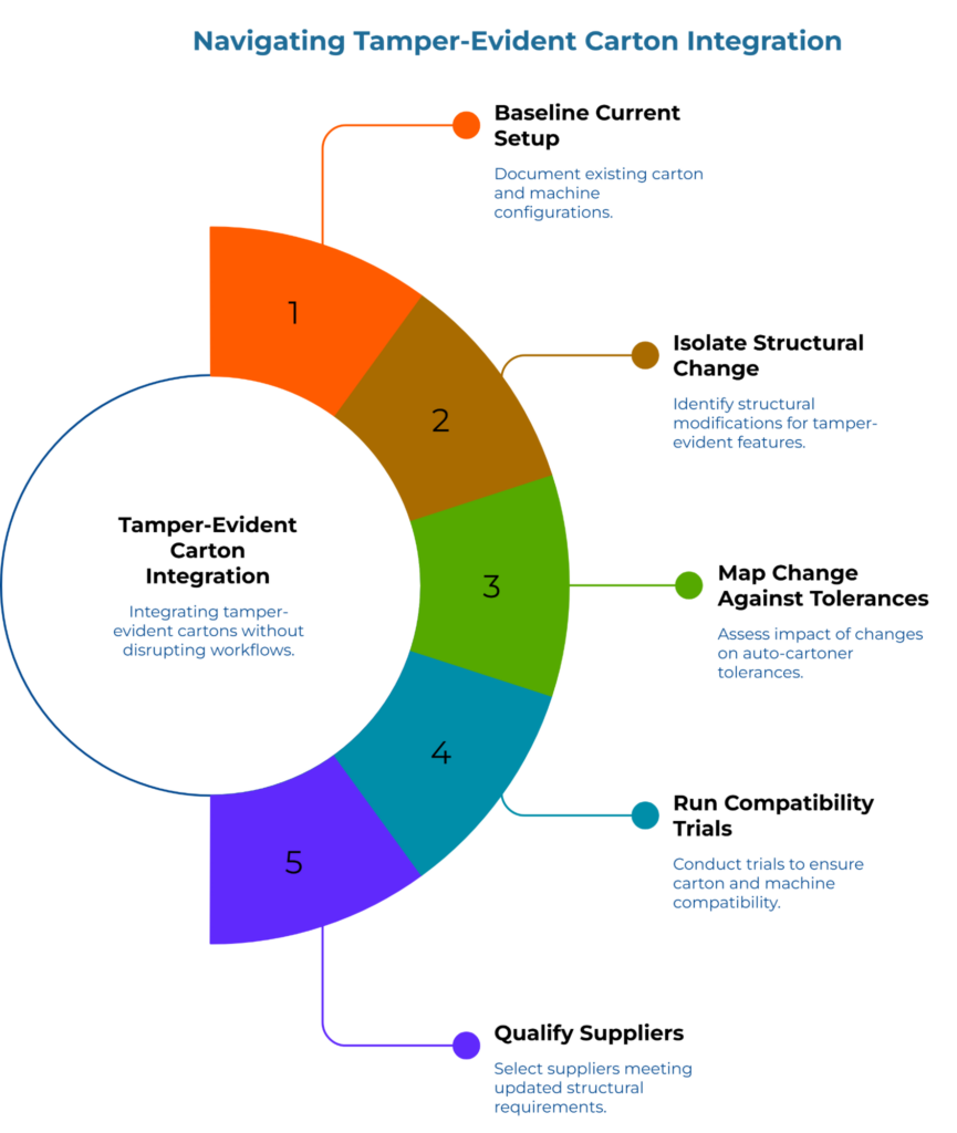 “Navigating Tamper-Evident Carton Integration” showing a five-step circular workflow for integrating tamper-evident cartons: baseline current setup, isolate structural change, map change against tolerances, run compatibility trials, and qualify suppliers. Notes emphasize documenting existing configurations, structural modifications, tolerance impact, trial runs, and selecting suppliers meeting updated structural requirements.